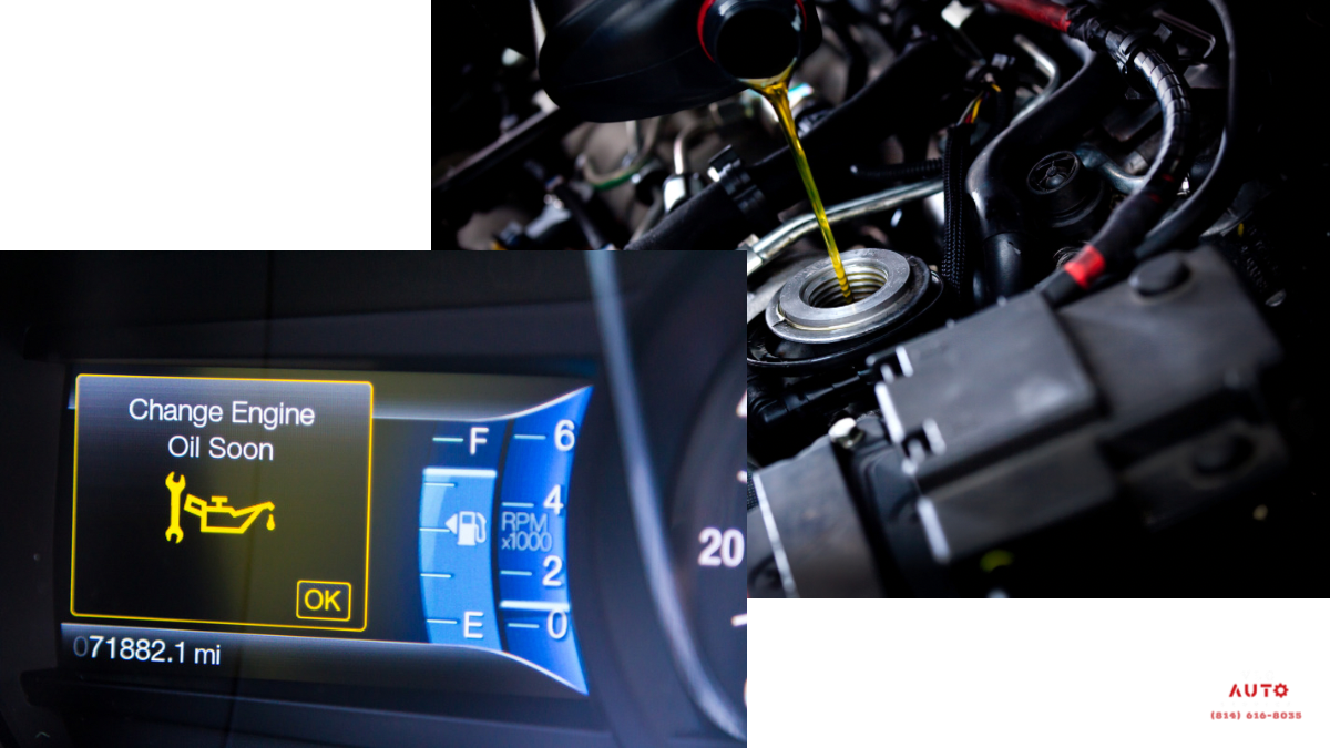 Dashboard warning light for an oil change and fresh motor oil being poured into an engine at VLG Auto Service in Erie, PA.