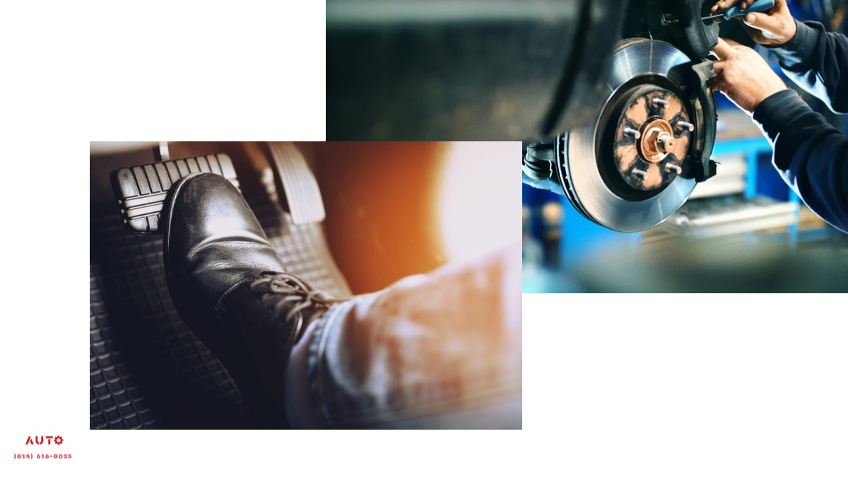 Close-up of a foot pressing the brake pedal and a mechanic servicing brake rotors at VLG Auto Service in Erie, PA.